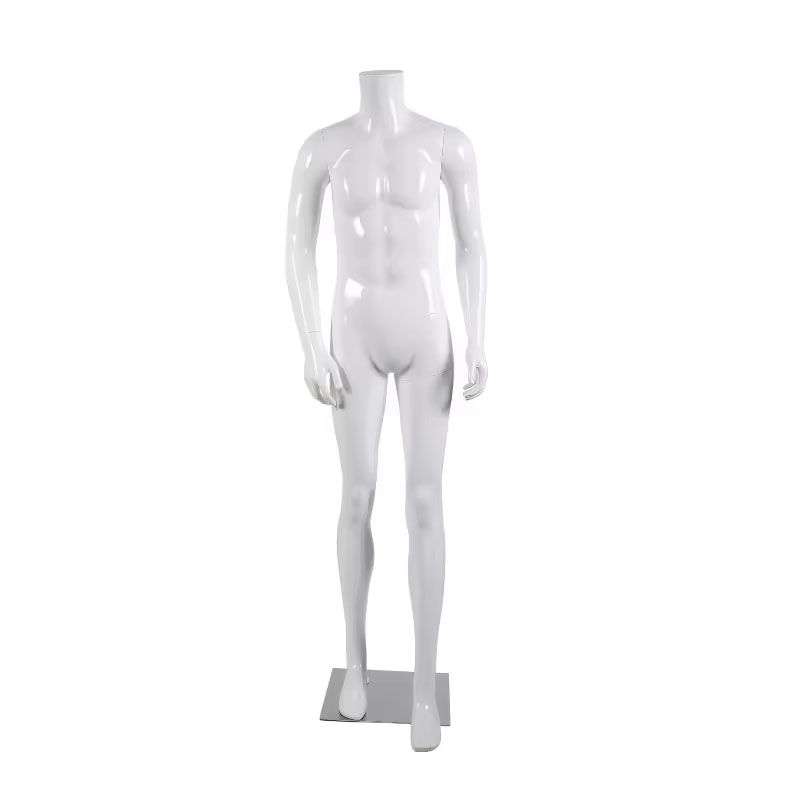 Glossy white headless male mannequin flat neck top slight step pose SKU ER03