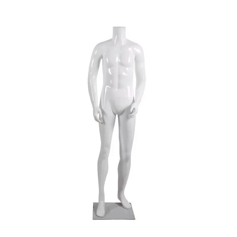 Glossy white headless male mannequin flat neck top walking pose SKU ER01