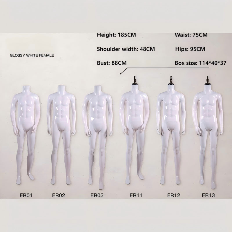 Glossy white headless male mannequin size dimensions height 185cm shoulder 48cm SKU ER01 to ER13
