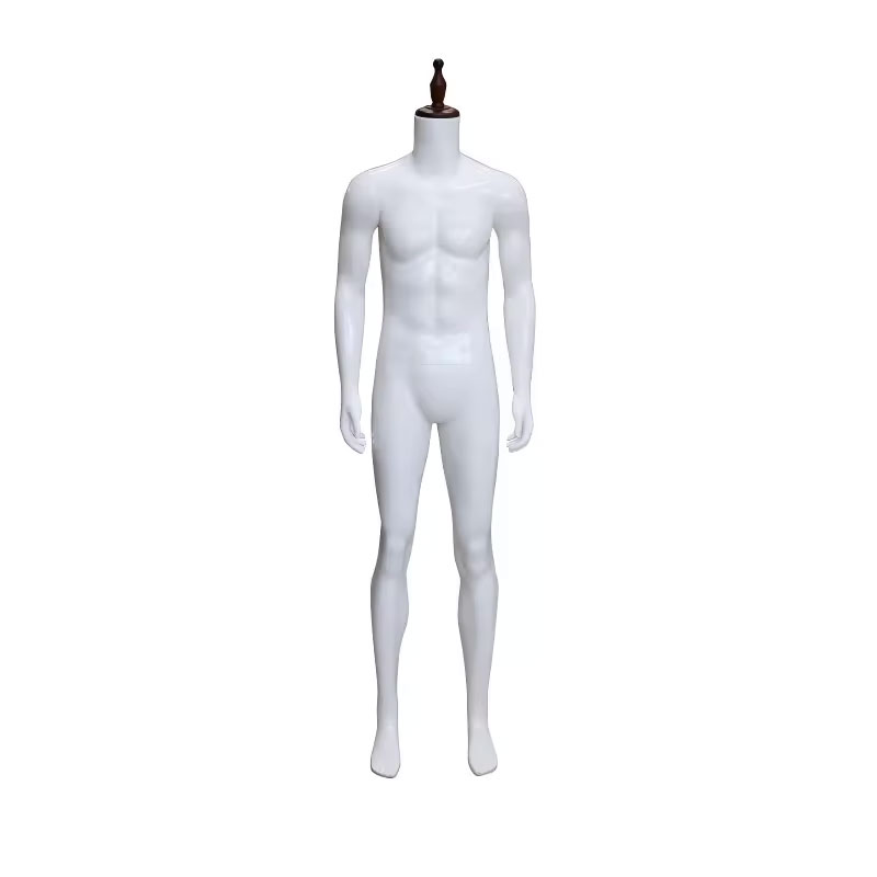 Glossy white male mannequin brown wooden top cap standing straight pose SKU ER12