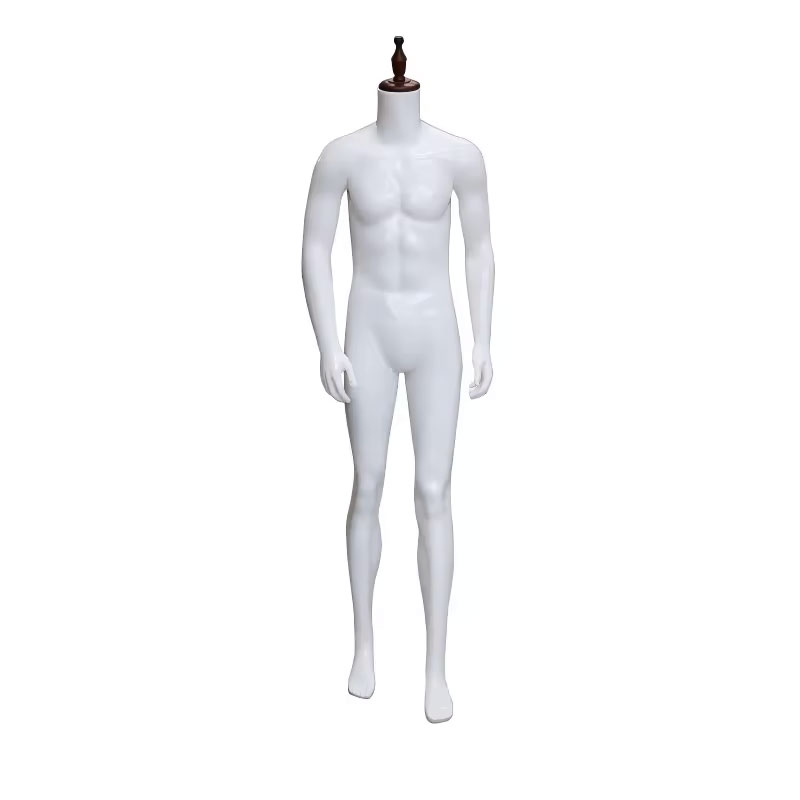 Glossy white headless male mannequin flat neck front view display