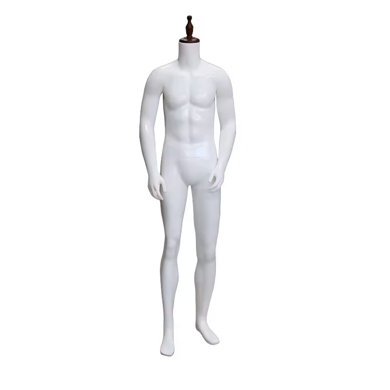 Glossy white male mannequin brown wooden top cap slight step pose SKU ER13