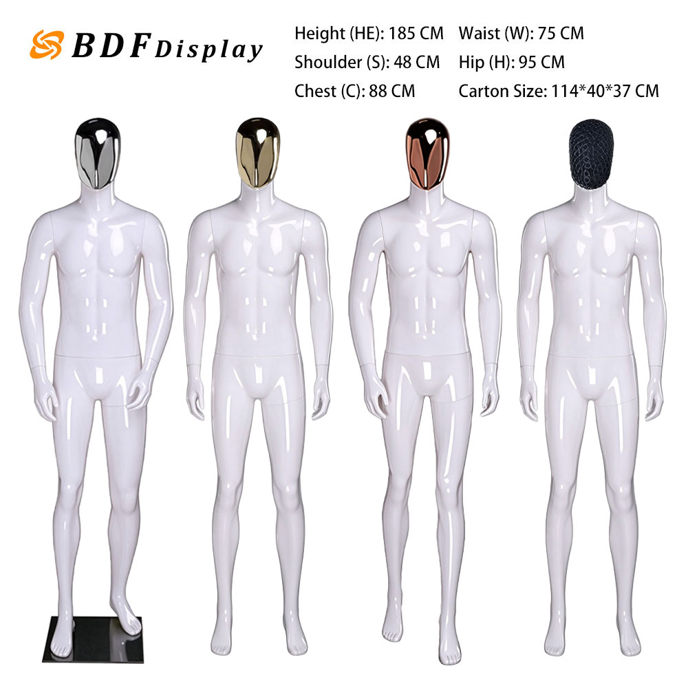 Glossy white male mannequin series QE01 03 W dimensions and headwear lineup