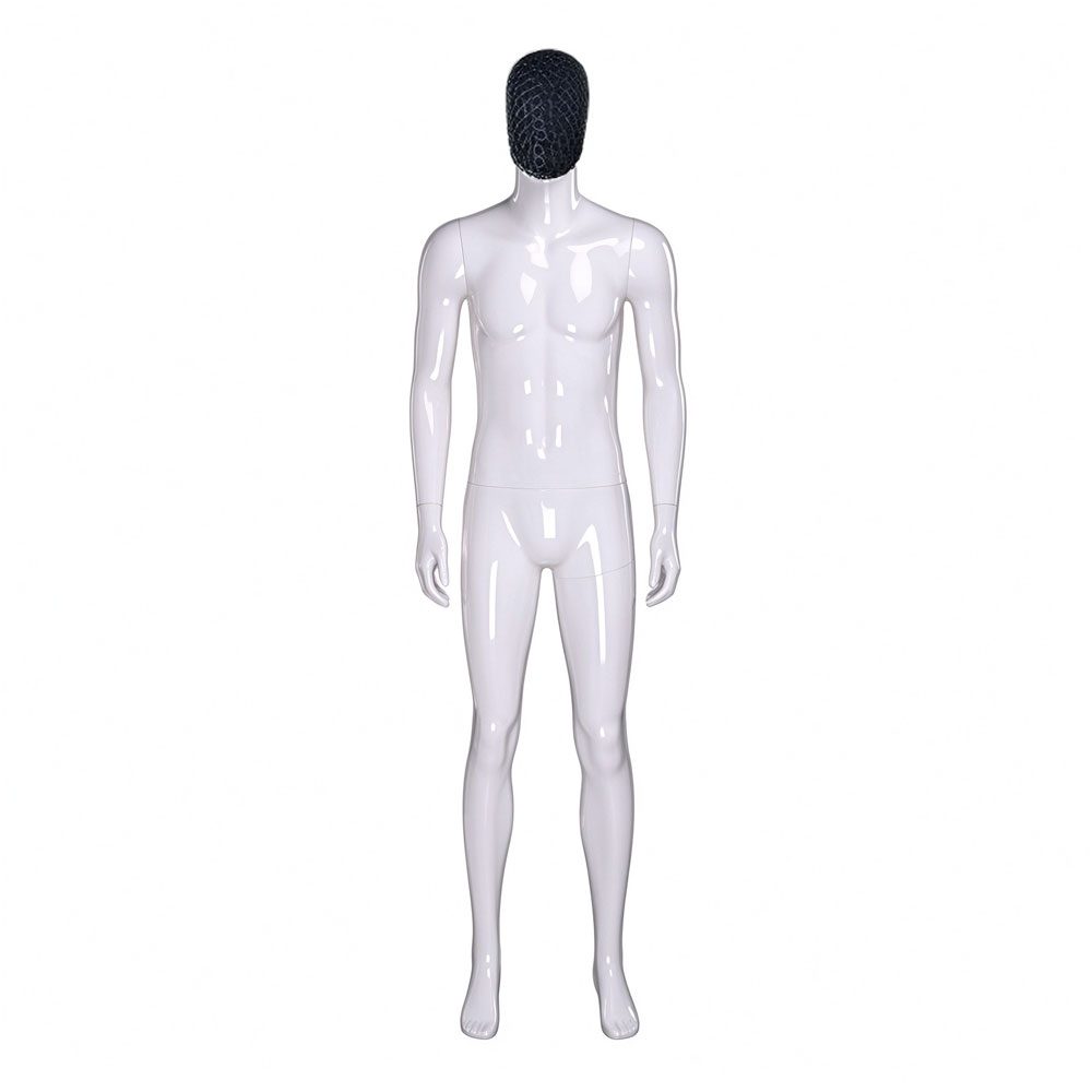 Glossy white male mannequin side turn stance black woven mesh head QE02 W