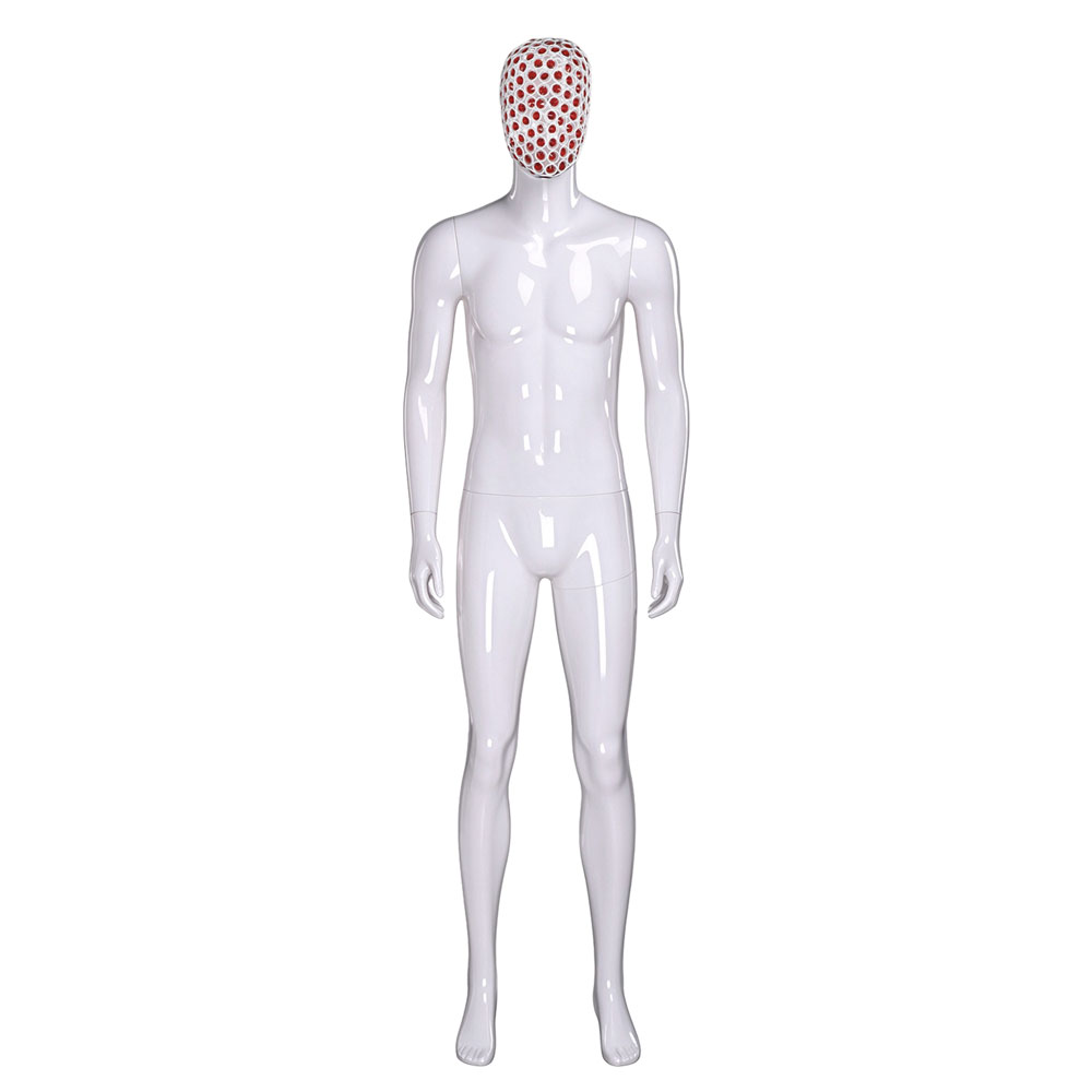 Glossy white male mannequin side turn red white honeycomb mesh head QE02 W