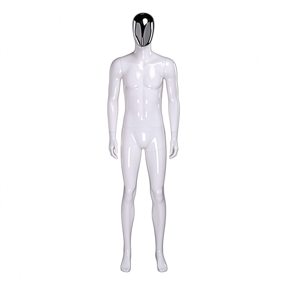 Glossy white male mannequin side turn stance silver chrome egghead QE02 W