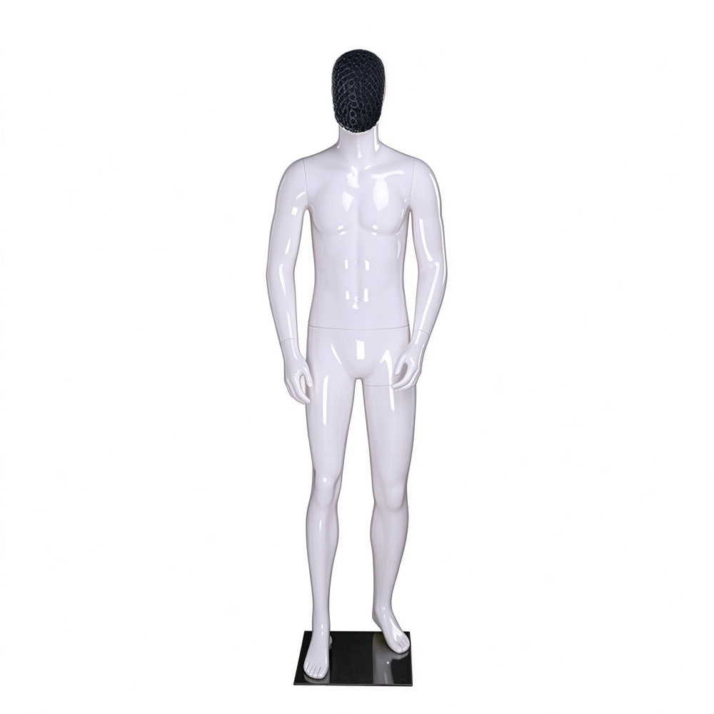 Glossy white male mannequin upright stance black woven mesh head QE01 W