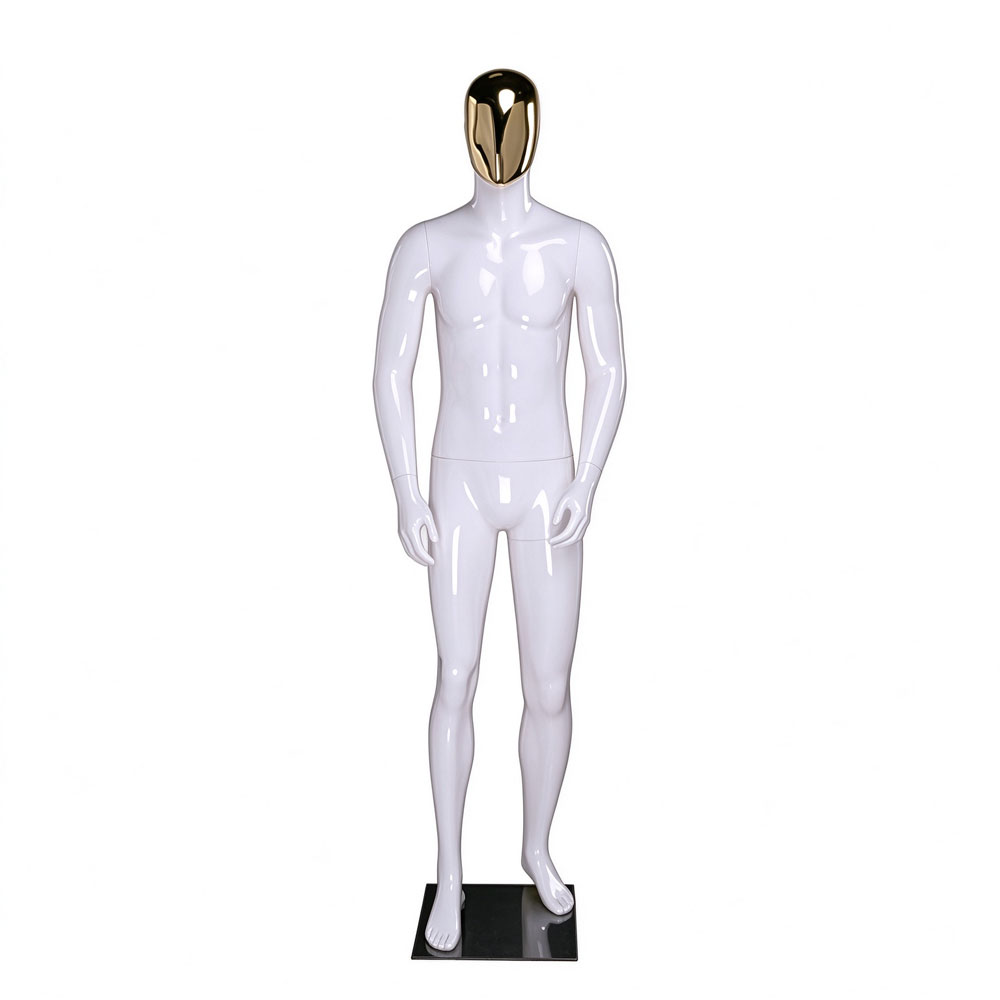 Glossy white male mannequin upright stance gold chrome egghead QE01 W