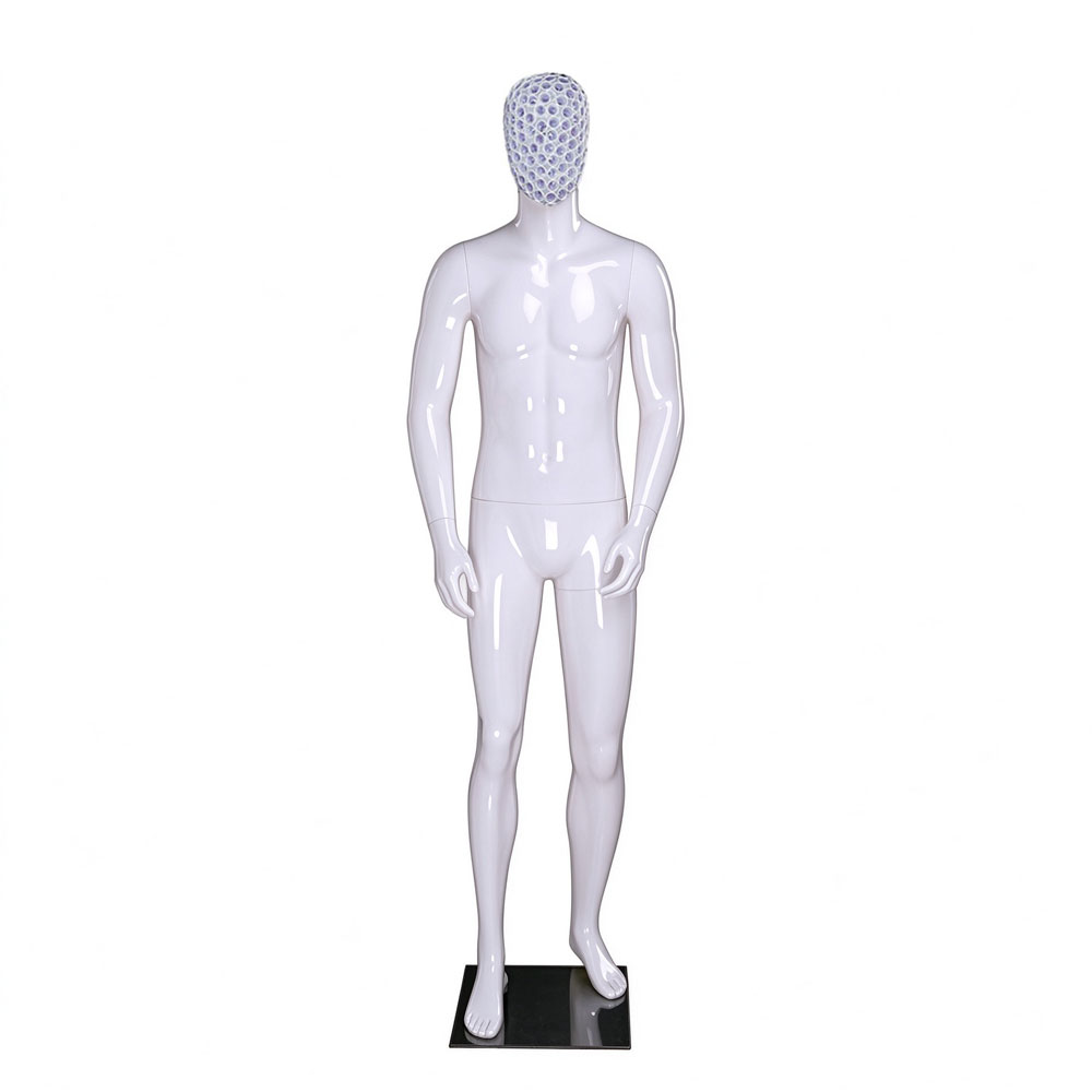 Glossy white male mannequin upright purple blue honeycomb mesh head QE01 W