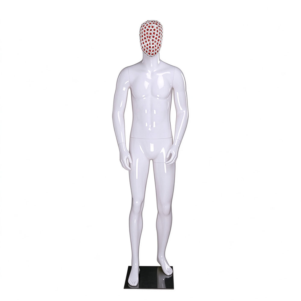 Glossy white male mannequin upright red white honeycomb mesh head QE01 W
