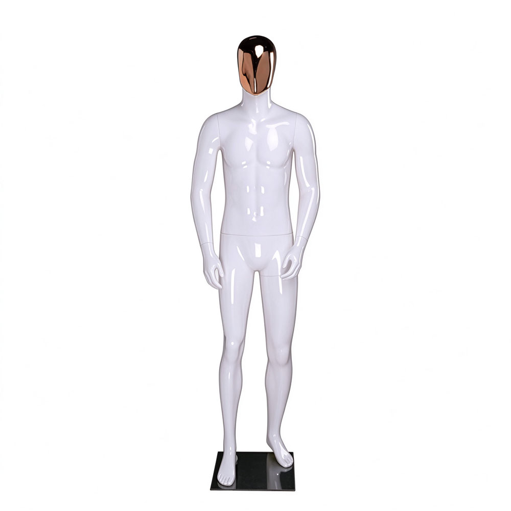 Glossy white male mannequin upright stance rose gold egghead QE01 W