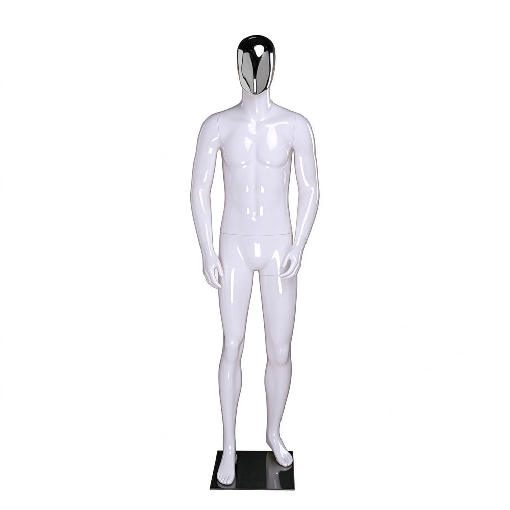 Glossy white male mannequin upright stance silver chrome egghead QE01 W