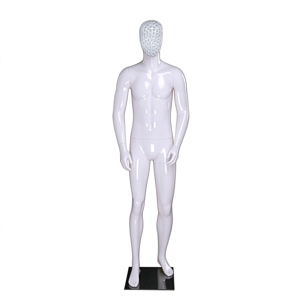 Glossy white male mannequin upright white honeycomb mesh head QE01 W