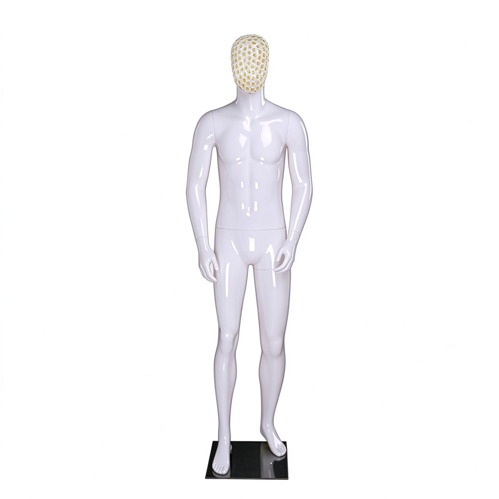 Glossy white male mannequin upright yellow white honeycomb mesh head QE01 W