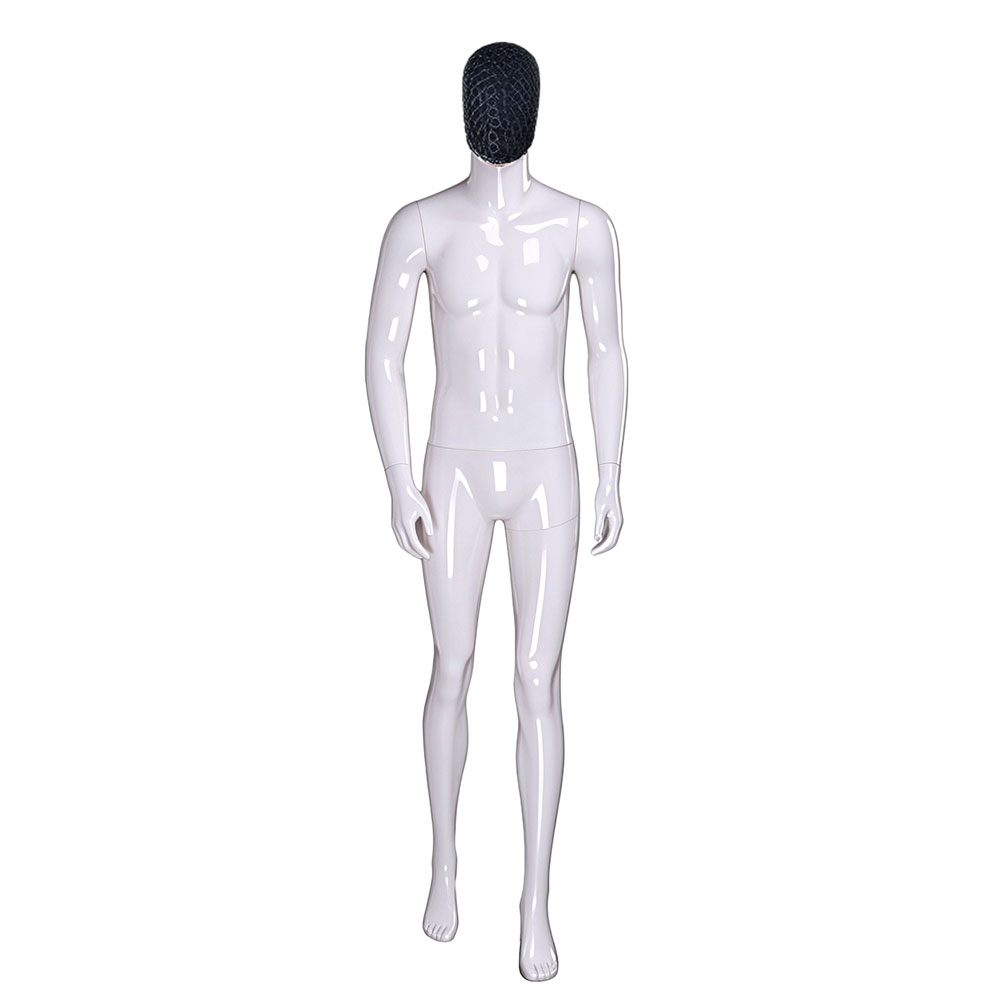 Glossy white male mannequin walk stance black woven mesh head QE03 W