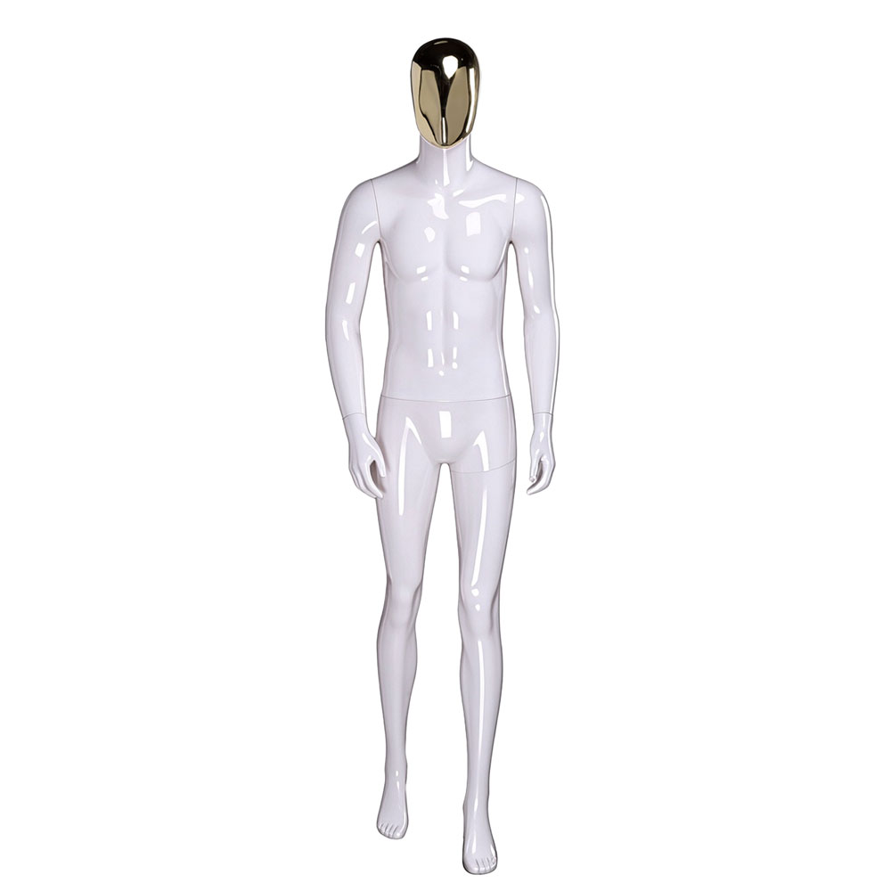 Glossy white male mannequin walk stance gold chrome egghead QE03 W