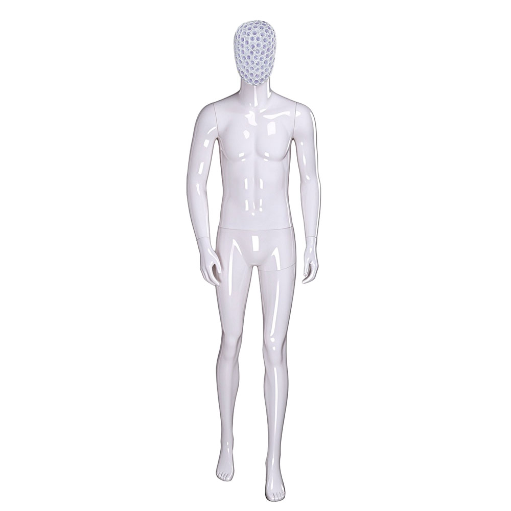 Glossy white male mannequin walk stance purple blue honeycomb mesh QE03 W