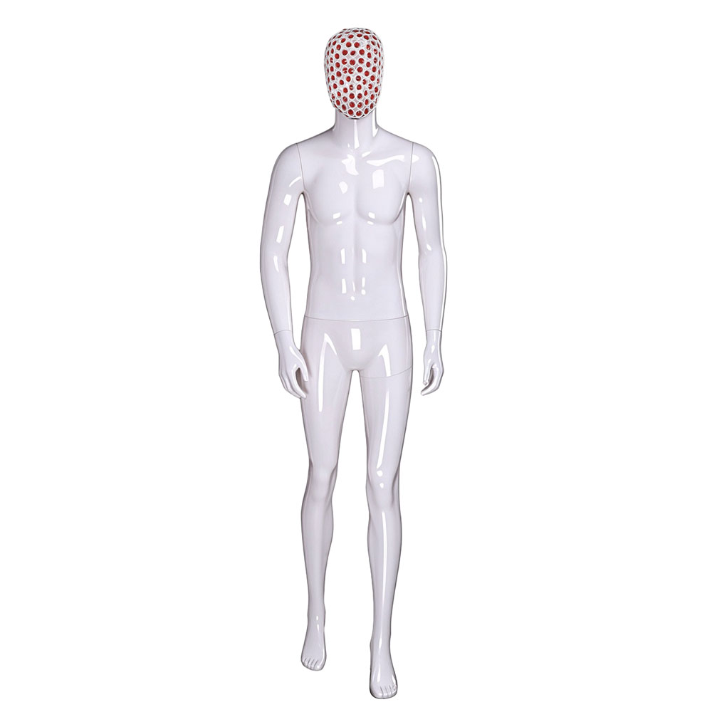 Glossy white male mannequin walk stance red white honeycomb mesh head QE03 W