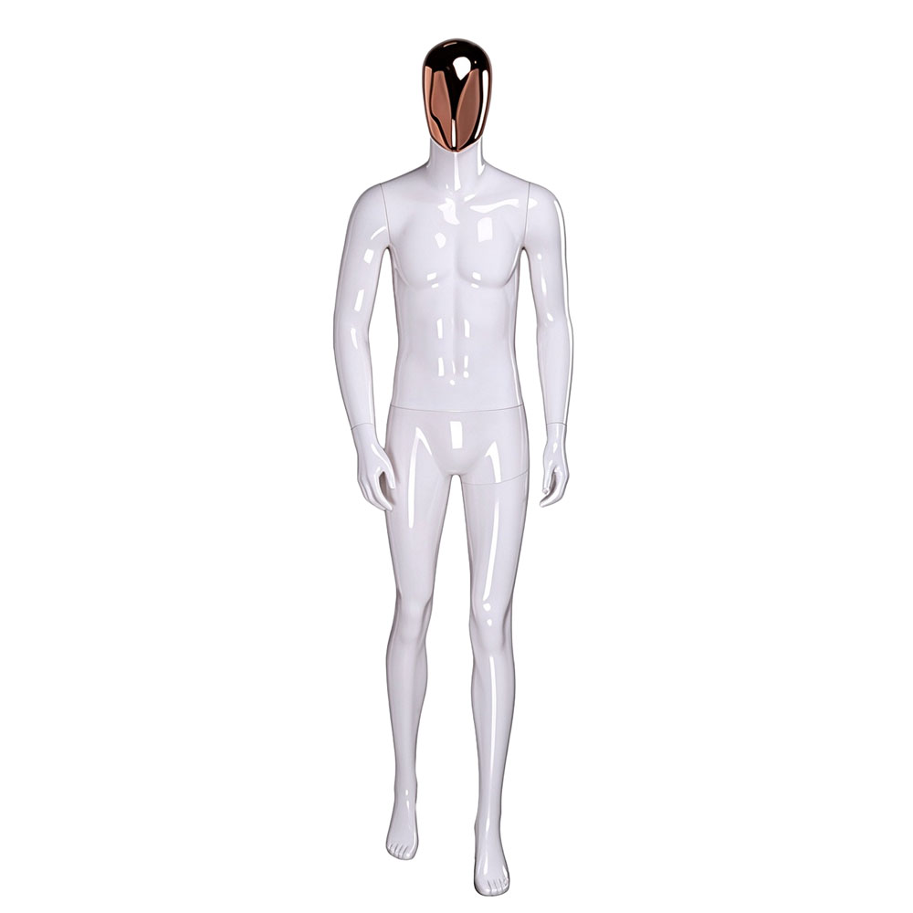 Glossy white male mannequin walk stance rose gold egghead QE03 W