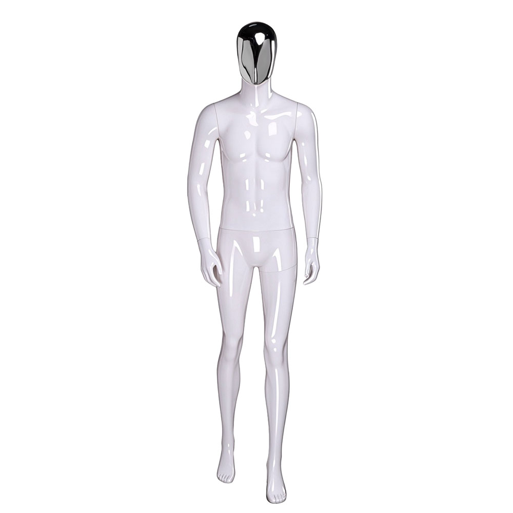Glossy white male mannequin walk stance silver chrome egghead QE03 W