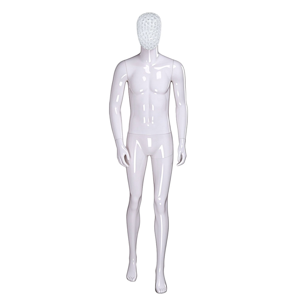 Glossy white male mannequin walk stance white honeycomb mesh head QE03 W