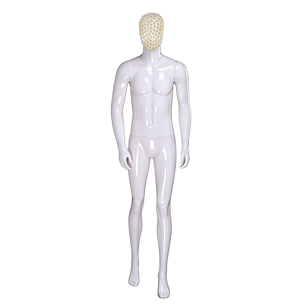 Glossy white male mannequin walk stance yellow white honeycomb mesh QE03 W
