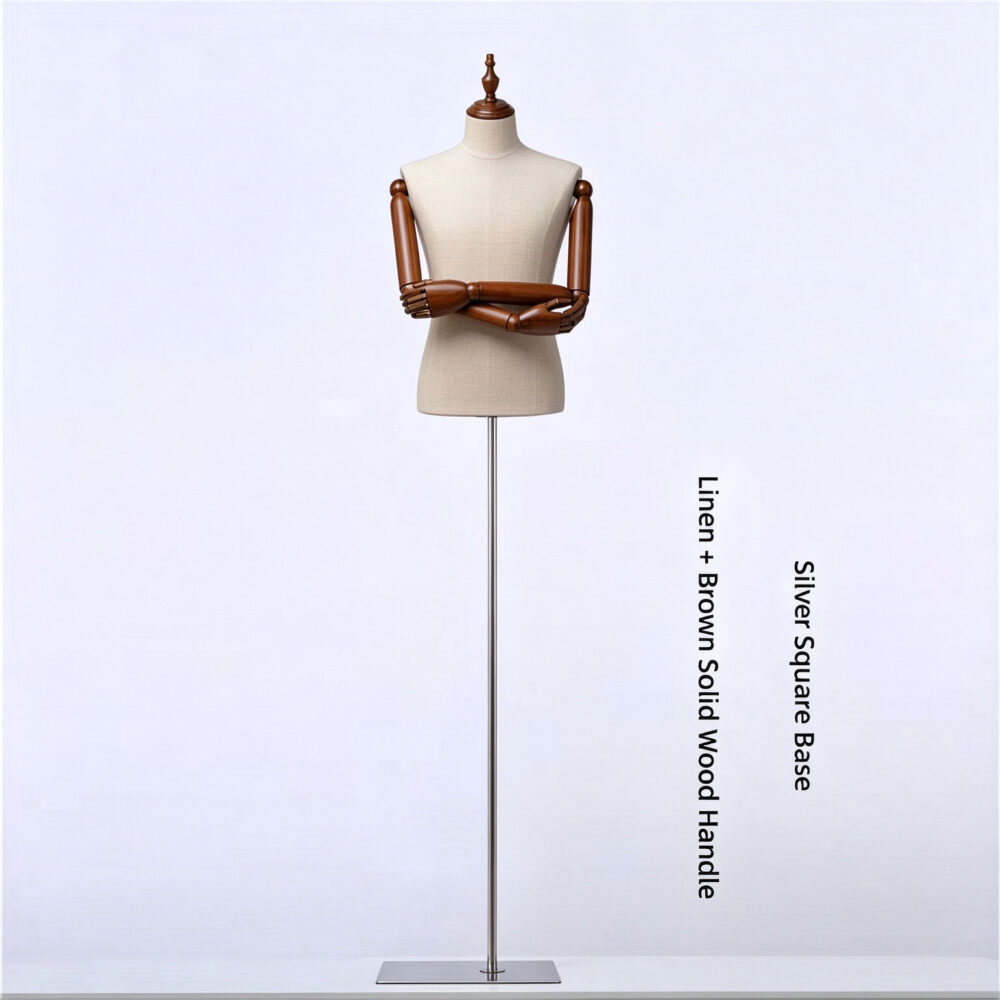 Male linen mannequin torso with brown solid wood articulated arms and chrome silver square metal base SKU MB3-SB