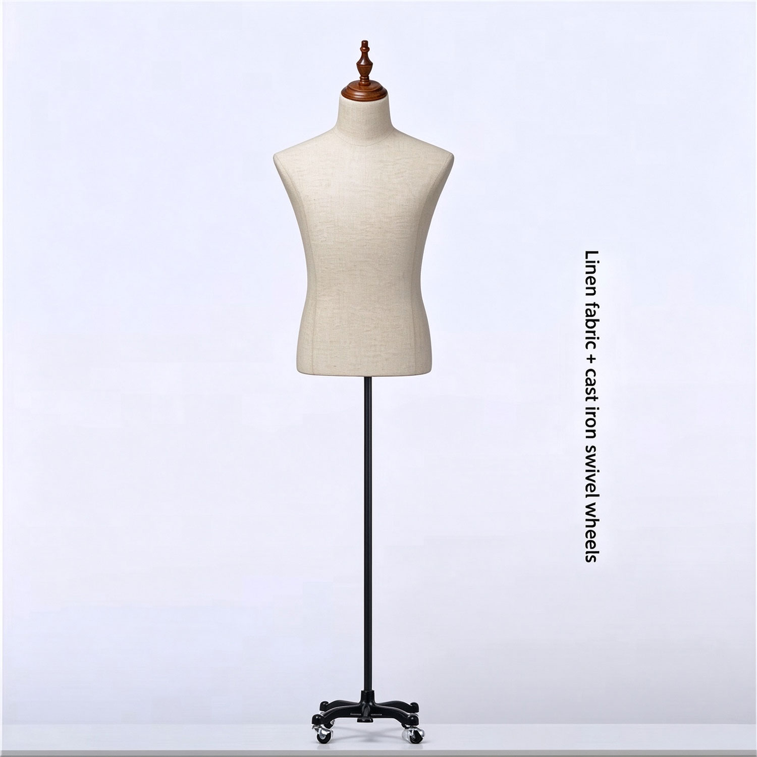 Male linen mannequin torso with black cast iron swivel wheels base SKU MB3