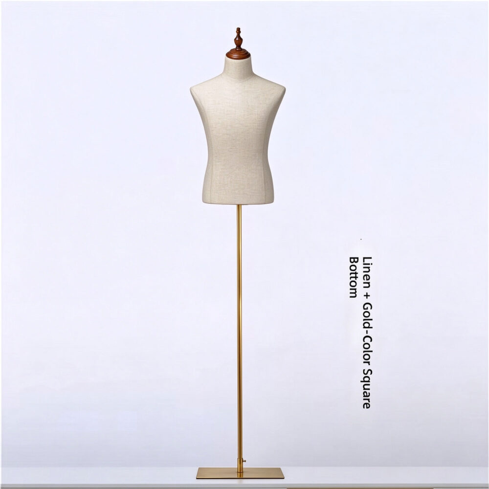 Male linen mannequin torso with brushed gold triangle metal base SKU MB3