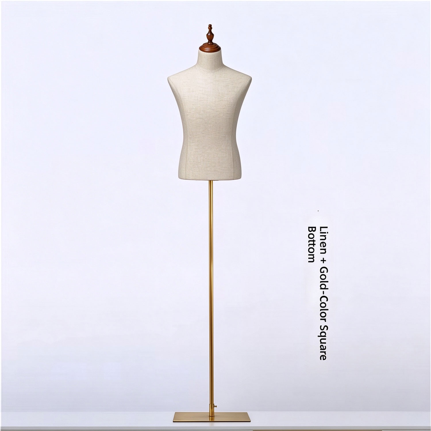 Male linen mannequin torso with brushed gold triangle metal base SKU MB3
