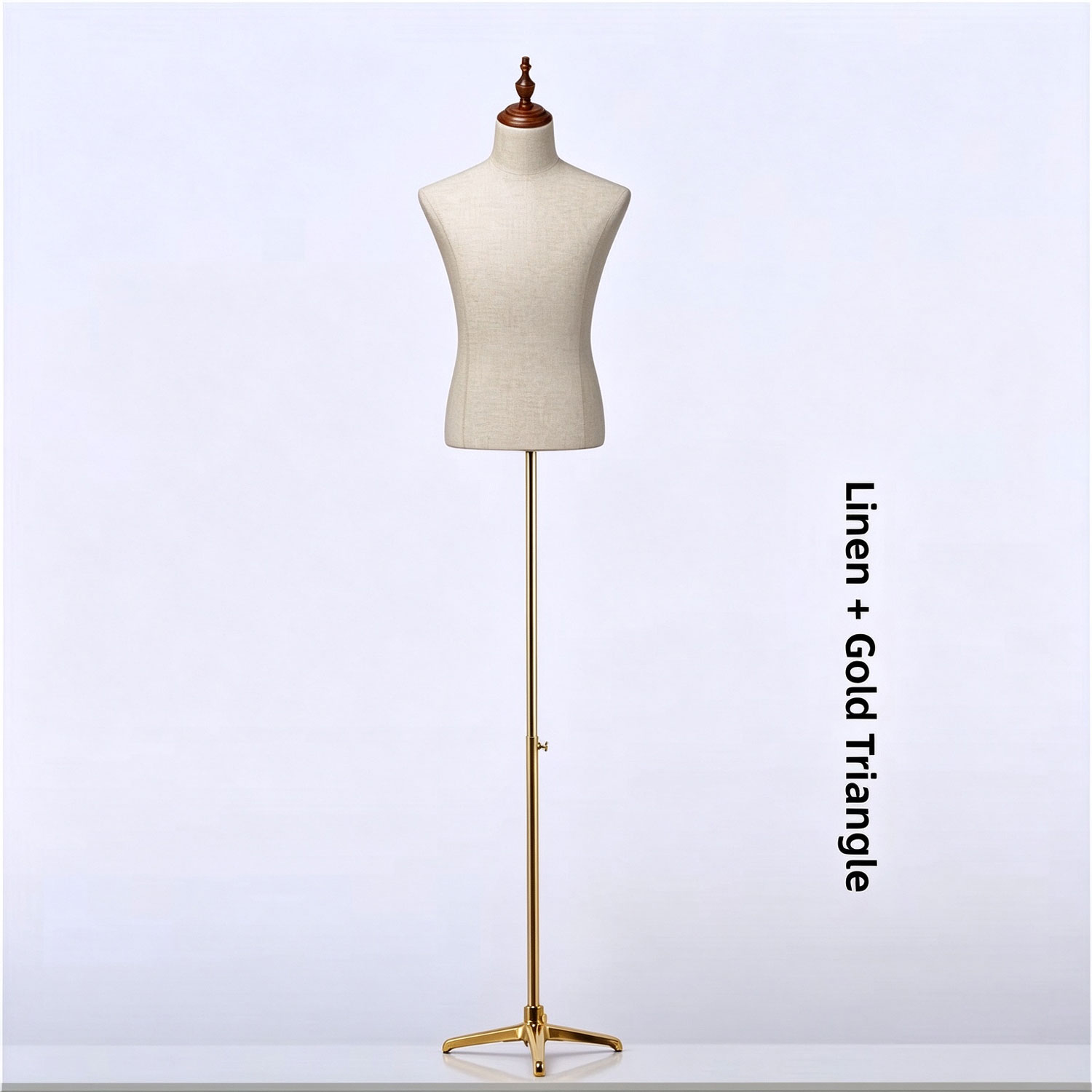 Male linen mannequin torso with brushed gold square metal base SKU MB3