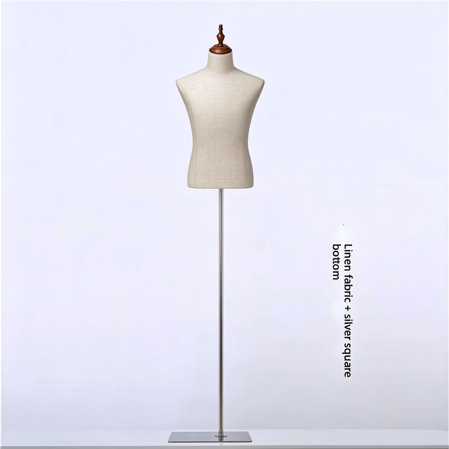 Male linen mannequin torso with chrome silver triangle metal base SKU MB3