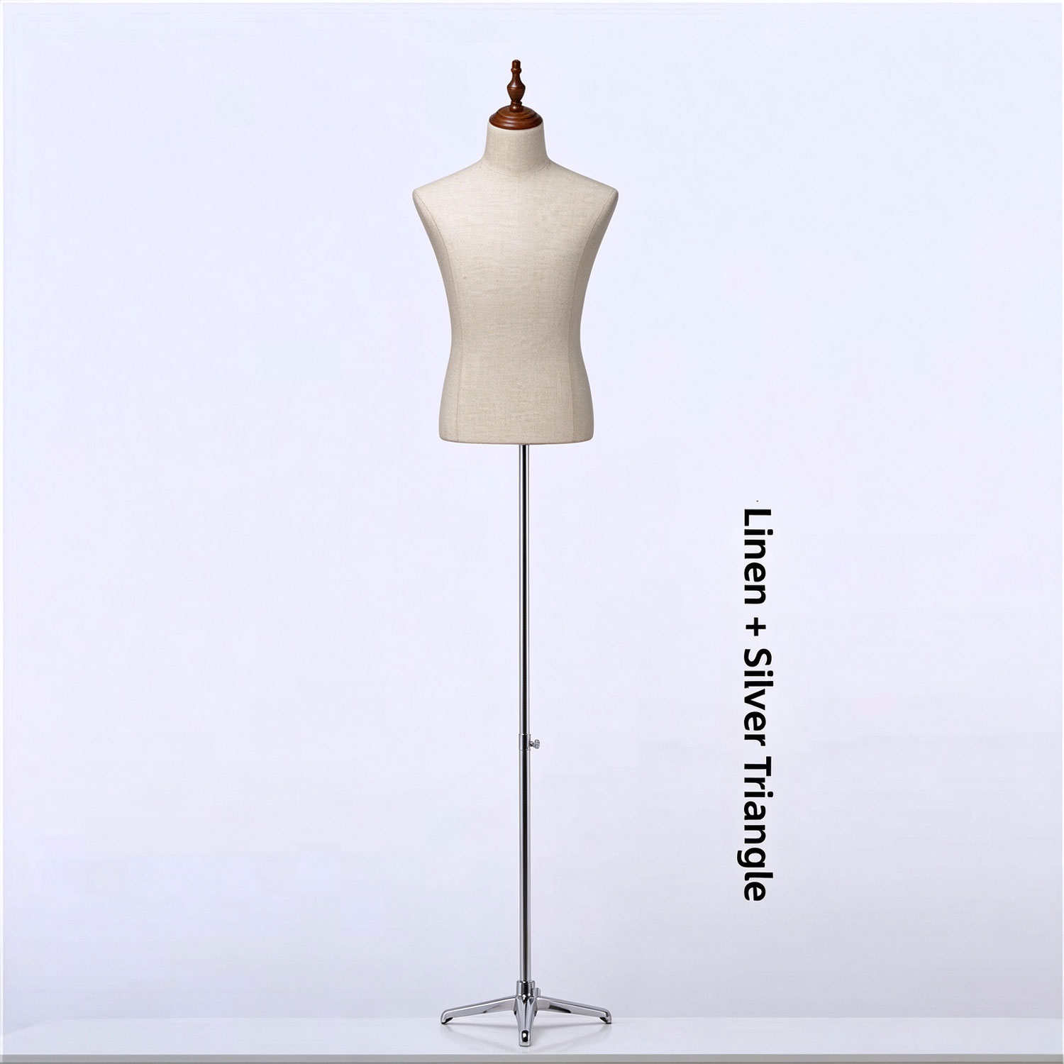Male linen mannequin torso with chrome silver square metal base SKU MB3