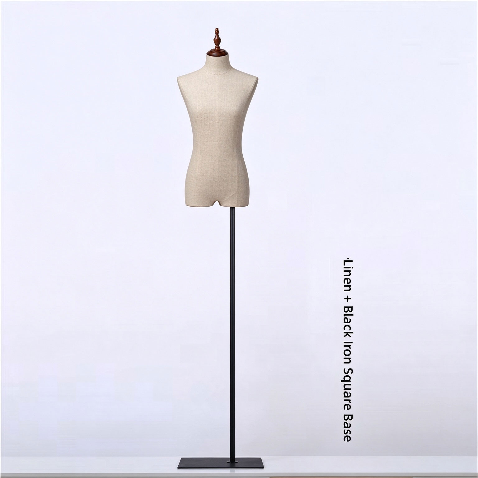 Male linen trousers mannequin torso with matte black cast iron triangle base SKU MB1