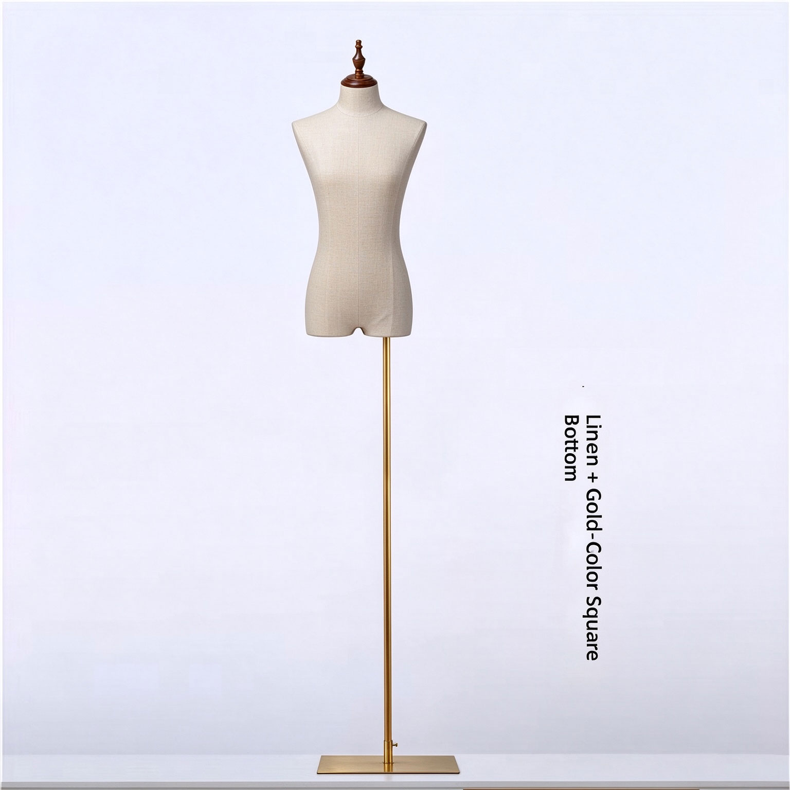 Male linen trousers mannequin torso with brushed gold triangle metal base SKU MB1