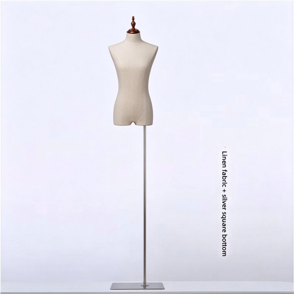 Male linen trousers mannequin torso with chrome silver triangle metal base SKU MB1