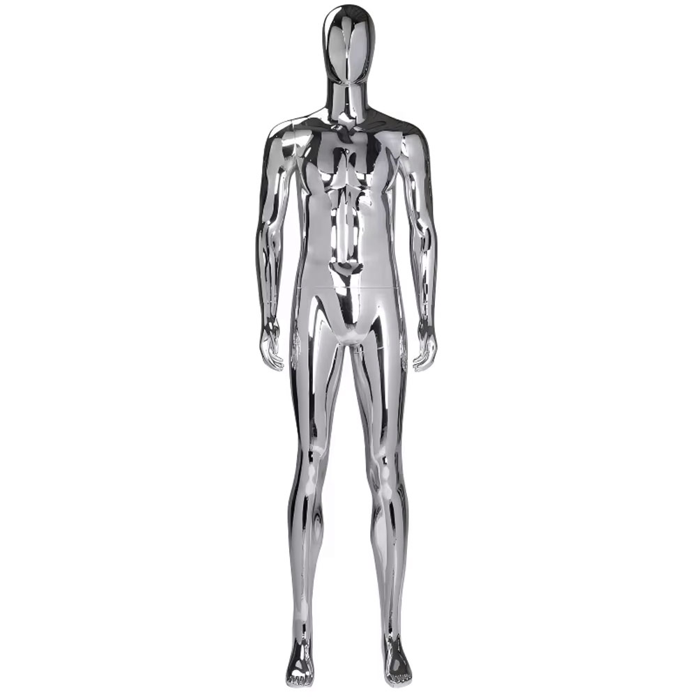 Metallic silver electroplated full body male mannequin upright standing straight pose SKU CE02
