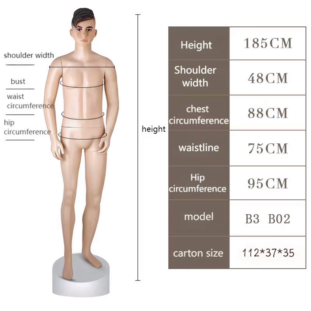 Natural flesh tone plastic male mannequin size chart short hair height 185cm shoulder 48cm SKU B3 B02