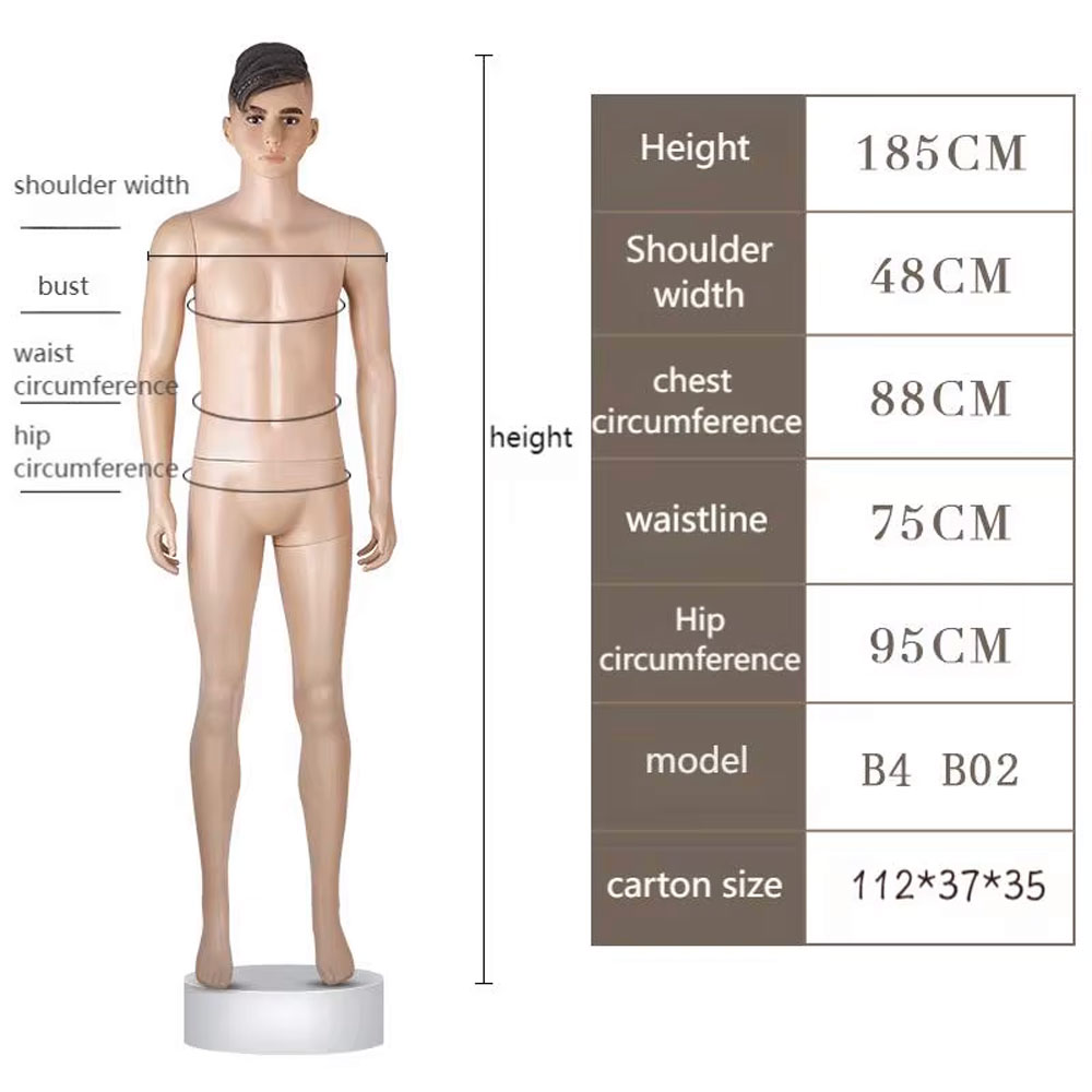 Natural flesh tone plastic male mannequin size chart bald head height 185cm shoulder 48cm SKU B4 B02