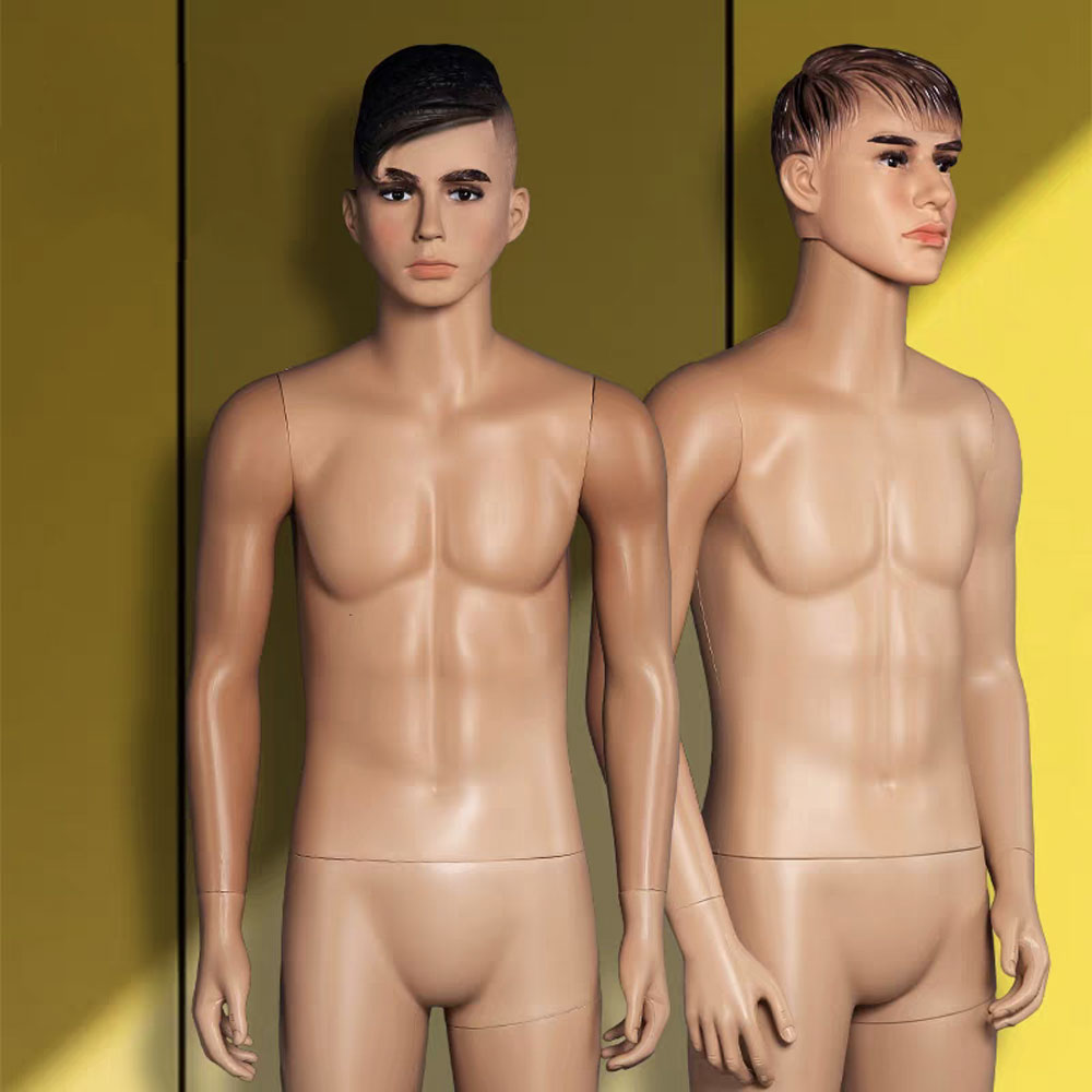 Realistic male plastic mannequin face sculpt and 6-pack abs torso detail