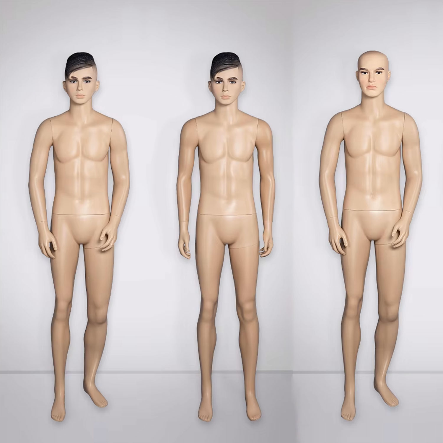Realistic male plastic mannequins side angle poses with short hair and bald heads