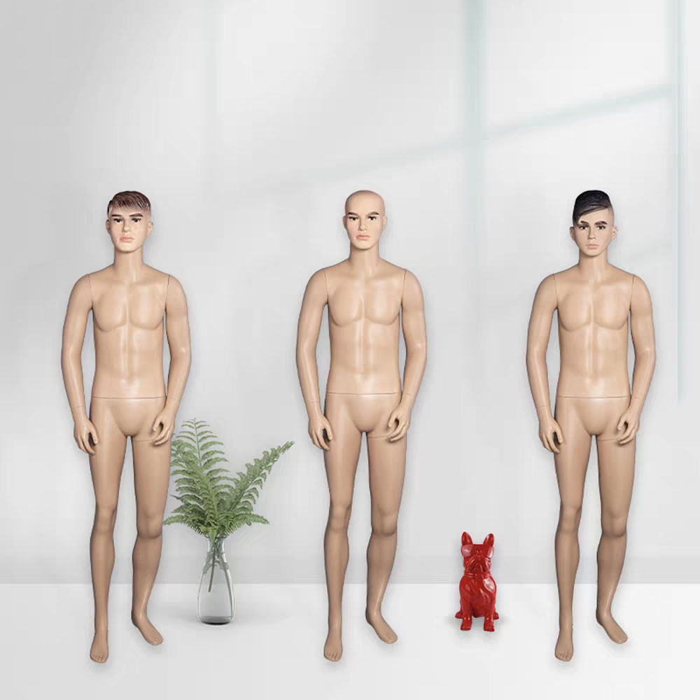 Realistic male plastic mannequins front standing poses with short hair and bald heads
