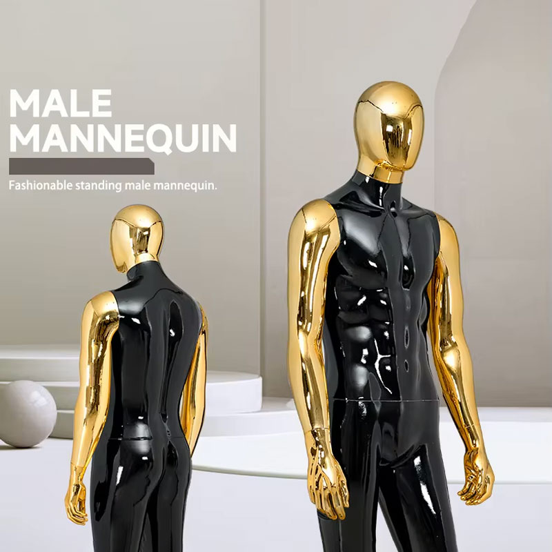 Two tone male mannequin black body gold chrome arms showroom display